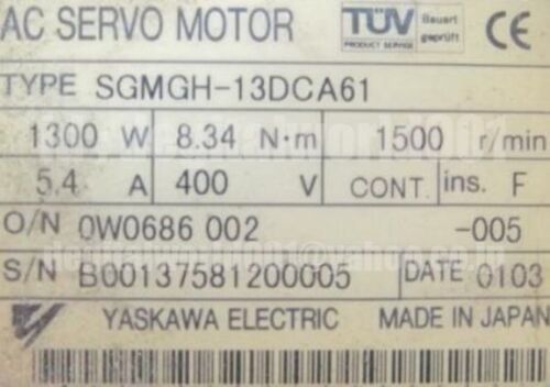 Yaskawa SGMGH-13DCA61 AC Servo Motor 5.4A 1.3KW 1500RPM 400V NEW